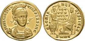 Constantius II, 337-361. Solidus (Gold, 21 mm, 4.44 g, 12 h), Nicomedia, 355-360. FL IVL CONSTANTIVS PERP AVG Pearl-diademed, helmeted and cuirassed b...