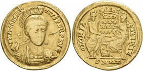 Constantius II, 337-361. Solidus (Gold, 21 mm, 4.07 g, 6 h), Nicomedia, 355-360. FL IVL CONSTANTIVS PERP AVG Pearl-diademed, helmeted and cuirassed bu...