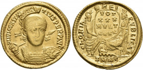 Constantius II, 337-361. Solidus (Gold, 21 mm, 4.42 g, 12 h), Nicomedia, 355-360. FL IVL CONSTANTIVS PERP AVG Pearl-diademed, helmeted and cuirassed b...