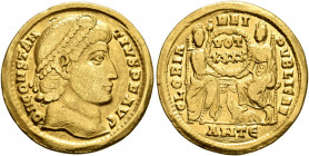 Constantius II, 337-361. Solidus (Gold, 22 mm, 4.38 g, 5 h), Antiochia, 355-360. D N CONSTANTIVS P F AVG Pearl-diademed head of Constantius II to righ...
