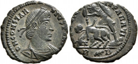 Constantius II, 337-361. Follis (Bronze, 18 mm, 2.59 g, 6 h), Rome, 355-357. D N CONSTANTIVS P F AVG Pearl-diademed, draped and cuirassed bust of Cons...