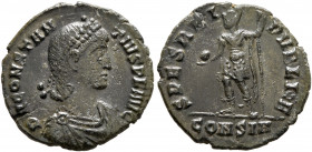 Constantius II, 337-361. Follis (Bronze, 16.5 mm, 1.72 g, 7 h), Constantinopolis, 355-361. D N CONSTANTIVS P F AVG Laureate, draped and cuirassed but ...