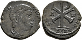 Magnentius, 350-353. Follis (Bronze, 21 mm, 5.10 g, 5 h), Arelate. [D N MAG]NENTIVS [P F AVG] Bare-headed, draped and cuirassed bust of Magnentius to ...