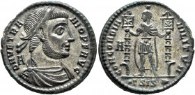 Vetranio, 350. Follis (Silvered bronze, 23 mm, 5.57 g, 12 h), Siscia. D N VETRANIO P F AVG Laureate, draped and cuirassed bust of Vetranio to right; b...