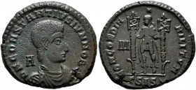 Constantius Gallus, Caesar, 351-354. Follis (Bronze, 24 mm, 5.82 g, 12 h), Siscia, 351. D N CONSTANTIVS IVN NOB C Bare-headed and draped bust of Const...