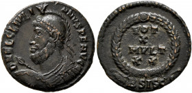 Julian II, 360-363. Follis (Bronze, 19.5 mm, 3.21 g, 1 h), Siscia, 361-363. D N FL CL IVLI-ANVS P F AVG Pearl-diademed, cuirassed and helmeted bust of...