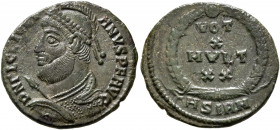 Julian II, 360-363. Follis (Bronze, 20 mm, 2.93 g, 12 h), Sirmium, 361-363. D N FL CL IVLIANVS P F AVG Pearl-diademed, cuirassed and helmeted bust of ...