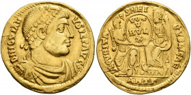 Jovian, 363-364. Solidus (Gold, 22 mm, 4.05 g, 7 h), Antiochia. D N IOVIANVS PE P AVG Pearl-diademed, draped and cuirassed bust of Jovian to right. Re...
