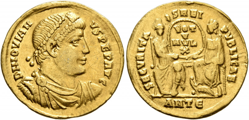 Jovian, 363-364. Solidus (Gold, 22 mm, 4.35 g, 5 h), Antiochia. D N IOVIANVS P F...