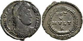 Jovian, 363-364. Follis (Bronze, 20 mm, 2.56 g, 6 h), Aquileia. D N IOVIANVS P F AVG Laureate, draped and cuirassed bust of Jovian to right. Rev. VOT ...