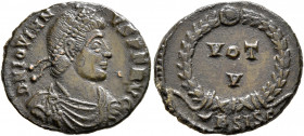 Jovian, 363-364. Follis (Bronze, 19 mm, 2.86 g, 6 h), Siscia. D N IOVIANVS P F AVG Pearl-diademed and draped bust of Jovian to right. Rev. VOT / V in ...