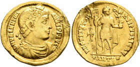 Valentinian I, 364-375. Solidus (Gold, 21.5 mm, 4.34 g, 10 h), Antiochia, 364. D N VALENTINIANVS P F AVG Rosette-diademed, draped and cuirassed bust o...