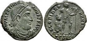 Valentinian I, 364-375. Follis (Bronze, 18.5 mm, 2.76 g, 12 h), Siscia, 364-367. D N VALENTINIANVS P F AVG Pearl-diademed, draped and cuirassed bust o...