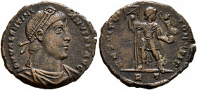 Valentinian I, 364-375. Follis (Bronze, 18.5 mm, 2.23 g, 6 h), Rome, 364-367. D N VALENTINIANVS P F AVG Pearl-diademed, draped and cuirassed bust of V...