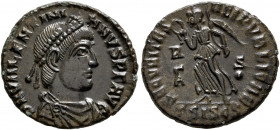 Valentinian I, 364-375. Follis (Bronze, 18 mm, 2.44 g, 6 h), Siscia, 367-375. D N VALENTINIANVS P F AVG Pearl-diademed, draped and cuirassed bust of V...