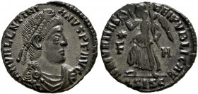 Valentinian I, 364-375. Follis (Bronze, 17.5 mm, 2.04 g, 12 h), Siscia, 367-375. D N VALENTINIANVS P F AVG Pearl-diademed, draped and cuirassed bust o...