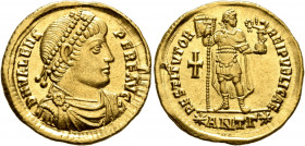 Valens, 364-378. Solidus (Gold, 21 mm, 4.49 g, 12 h), Antiochia, 364. D N VALENS PER F AVG Pearl-diademed, draped and cuirassed bust of Valens to righ...