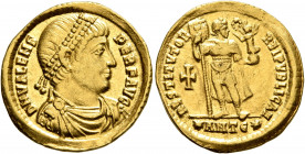 Valens, 364-378. Solidus (Gold, 21.5 mm, 4.15 g, 5 h), Antiochia, 364. D N VALENS PER F AVG Pearl-diademed, draped and cuirassed bust of Valens to rig...