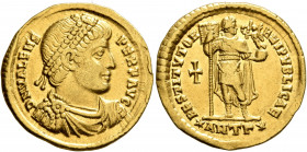 Valens, 364-378. Solidus (Gold, 21.5 mm, 4.47 g, 5 h), Antiochia, 364. D N VALENS PER F AVG Pearl-diademed, draped and cuirassed bust of Valens to rig...