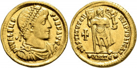 Valens, 364-378. Denarius (Gold, 21 mm, 4.39 g, 4 h), Antiochia, 364. D N VALENS PER F AVG Pearl-diademed, draped and cuirassed bust of Valens to righ...