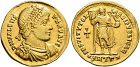 Valens, 364-378. Solidus (Gold, 21.5 mm, 4.35 g, 5 h), Antiochia, 364. D N VALENS PER F AVG Pearl-diademed, draped and cuirassed bust of Valens to rig...