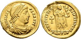 Valens, 364-378. Solidus (Gold, 21 mm, 4.44 g, 5 h), Antiochia, 364. D N VALENS PER F AVG Pearl-diademed, draped and cuirassed bust of Valens to right...