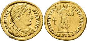 Valens, 364-378. Solidus (Gold, 21 mm, 4.38 g, 5 h), Antiochia, 364. D N VALENS PER F AVG Pearl-diademed, draped and cuirassed bust of Valens to right...