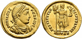 Valens, 364-378. Solidus (Gold, 22 mm, 4.45 g, 6 h), Antiochia, 365. D N VALENS PER F AVG Pearl-diademed, draped and cuirassed bust of Valens to right...