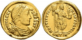 Valens, 364-378. Solidus (Gold, 21 mm, 4.44 g), Antiochia, 365. D N VALENS PER F AVG Pearl-diademed, draped and cuirassed bust of Valens to right. Rev...