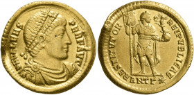 Valens, 364-378. Solidus (Gold, 21.5 mm, 4.50 g, 5 h), Antiochia, 365. D N VALENS PER F AVG Pearl-diademed, draped and cuirassed bust of Valens to rig...