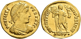 Valens, 364-378. Solidus (Gold, 21 mm, 4.26 g, 5 h), Antiochia, Late 366-367. D N VALENS PER F AVG Pearl-diademed, draped and cuirassed bust of Valens...