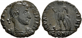Procopius, usurper, 365-366. Follis (Bronze, 16.5 mm, 1.99 g, 12 h), Constantinopolis. D N PROCOPIVS P F AVG Pearl-diademed, draped and cuirassed bust...