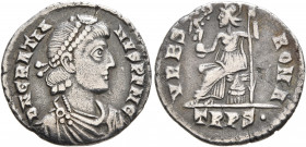 Gratian, 367-383. Denarius (Silver, 17 mm, 1.96 g, 6 h), Treveri, 367-375. D N GRATIANVS P F AVG Pearl-diademed, draped and cuirassed bust of Gratian ...