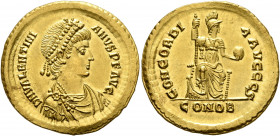 Valentinian II, 375-392. Solidus (Gold, 21 mm, 4.44 g, 5 h), Constantinopolis, 388-392. D N VALENTINI-ANVS P F AVG Pearl-diademed, draped and cuirasse...