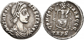 Theodosius I, 379-395. Siliqua (Silver, 17 mm, 1.93 g, 12 h), Treveri, 378-383. D N THEODOSIVS P F AVG Pearl-diademed, draped and cuirassed bust of Th...