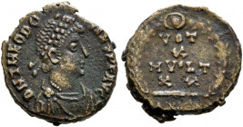 Theodosius I, 379-395. Nummus (Bronze, 12 mm, 1.30 g, 5 h), Heraclea, 378-383. D N THEODOSIVS P F AVG Pearl-diademed, draped and cuirassed bust of The...