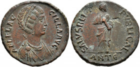 Aelia Flaccilla, Augusta, 379-386/8. Follis (Bronze, 22 mm, 5.13 g, 11 h), Antiochia, 383-388. AEL FLACCILLA AVG Draped bust of Aelia Flaccilla to rig...