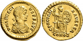 Arcadius, AD 383-408. Solidus (Gold, 21 mm, 4.44 g, 5 h), Constantinopolis, 383-388. D N ARCADIVS P F AVG Rosette-diademed, draped and cuirassed bust ...