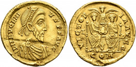 Eugenius, 392-394. Solidus (Gold, 21 mm, 4.49 g, 12 h), Lugdunum, 22 August 392-September 394. D N EVGENI-VS P F AVG Pearl-diademed, draped and cuiras...