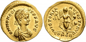 Honorius, 393-423. Tremissis (Gold, 15 mm, 1.49 g, 11 h), Constantinopolis, circa 408-420. D N HONORI-VS P F AVG Pearl-diademed, draped and cuirassed ...
