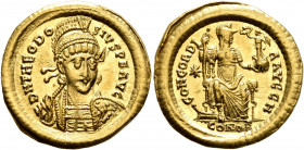 Theodosius II, 402-450. Solidus (Gold, 21 mm, 4.46 g, 6 h), Constantinopolis, 408-420. D N THEODOSIVS P F AVG Pearl-diademed, helmeted and cuirassed b...