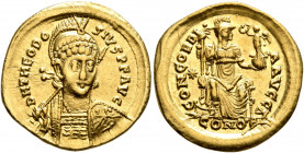 Theodosius II, 402-450. Solidus (Gold, 20 mm, 4.39 g, 6 h), Constantinopolis, 408-420. D N THEODOSIVS P F AVG Pearl-diademed, helmeted and cuirassed b...
