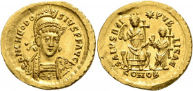 Theodosius II, 402-450. Solidus (Gold, 22 mm, 4.46 g, 6 h), Constantinopolis, 425-430. THEODOSIVS P F AVG Pearl-diademed, helmeted and cuirassed bust ...