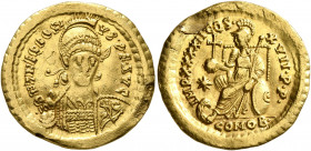 Theodosius II, 402-450. Solidus (Gold, 21 mm, 4.40 g, 6 h), Constantinopolis, 443-450. D N THEODOSIVS•P•F•AVG Pearl-diademed, helmeted and cuirassed b...