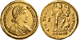 Valentinian III, 425-455. Solidus (Gold, 22 mm, 4.42 g, 6 h), Ravenna, 425-426. D N PLA VALENTI-NIANVS P F AVG Pearl-diademed, draped and cuirassed bu...