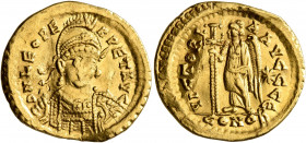 Leo I, 457-474. Solidus (Gold, 20 mm, 4.33 g, 5 h), Constantinopolis, circa 462 or 466. D N LEO PE-RPET AVG Pearl-diademed, helmeted and cuirassed bus...