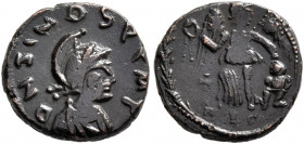 Zeno, second reign, 476-491. Nummus (Bronze, 12 mm, 1.51 g, 6 h), Constantinopolis. D N ZINOS PTMT Helmeted, draped and cuirassed bust of Zeno to righ...