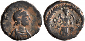 Zeno, second reign, 476-491. Nummus (Bronze, 12 mm, 1.24 g, 6 h), Constantinopolis. Z[...]O Pearl-diademed, draped and cuirassed bust of Zeno to right...