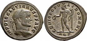 Diocletian, 284-305. Follis (Silvered bronze, 28.5 mm, 9.46 g, 6 h), Aquileia, 296. IMP DIOCLETIANVS P F AVG Laureate head of Diocletian to right. Rev...