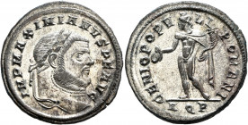Maximianus, first reign, 286-305. Follis (Silvered bronze, 28 mm, 10.12 g, 6 h), Aquileia, 297-298. IMP MAXIMIANVS P F AVG Laureate head of Maximianus...